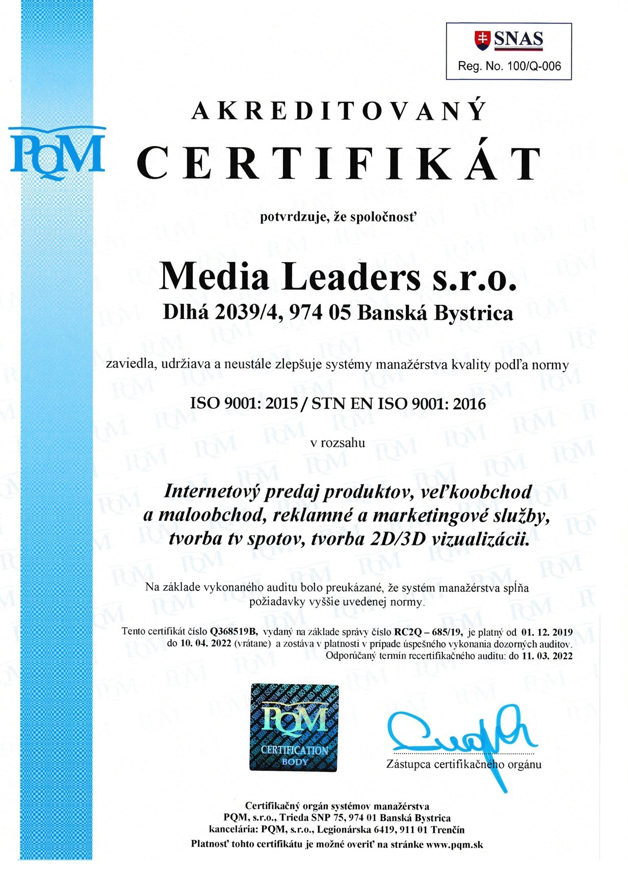 ISO 9001-Zertifikat Media Leaders sro
