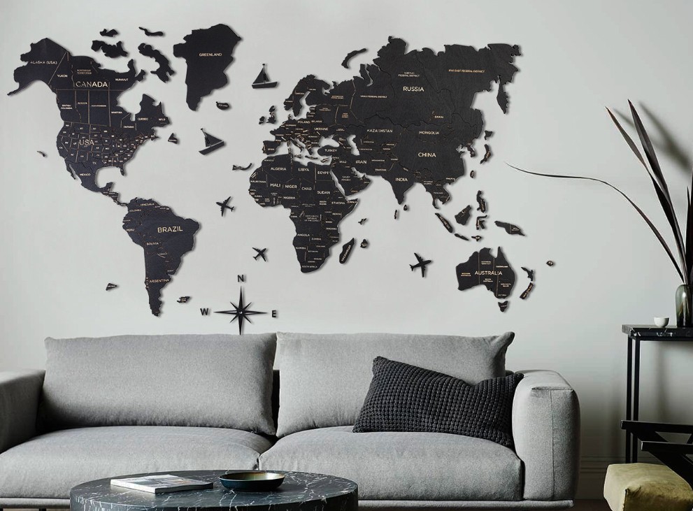 Holzwand Weltkarte Farbe schwarz