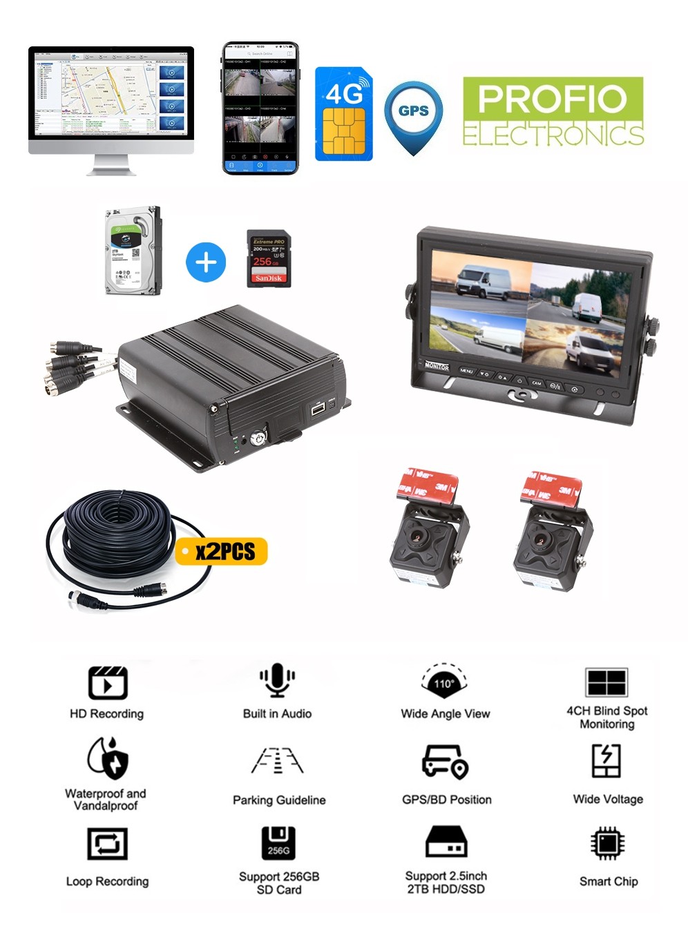 Auto-DVR-Live-Überwachung, Aufzeichnung, 4 Kameras, 4G-SIM-Unterstützung