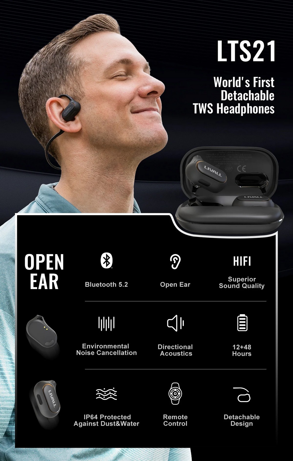 Sportlicher kabelloser Kopfhörer mit Bluetooth – abnehmbares Open-Ear-Design