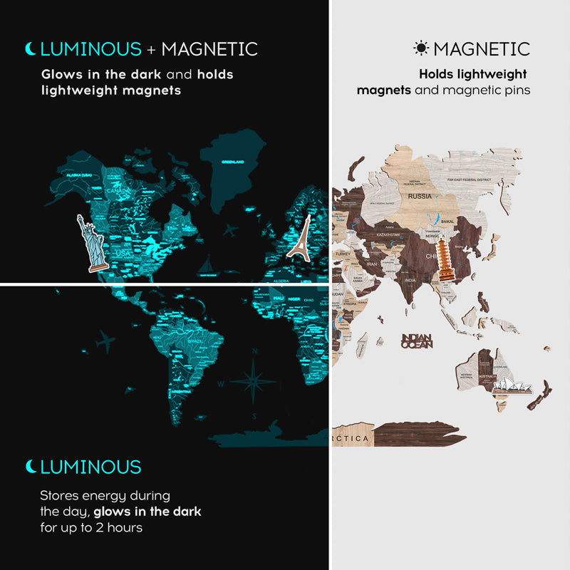 Fluoreszierende Karte aus Holz magnetisch 3d