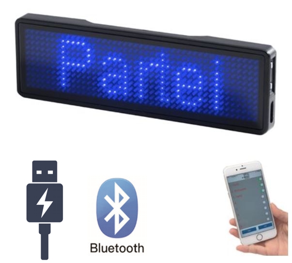 LED-Namensschild (Badge) BLAU mit Bluetooth-Steuerung über