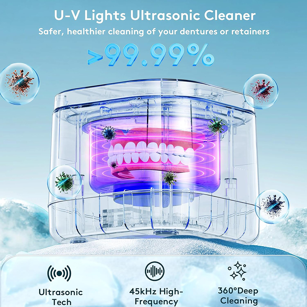 Ultraschall-Reiniger für Zahnspangen, Zahnprothesenreiniger, U-V, 99,99 % leichte Reinigung