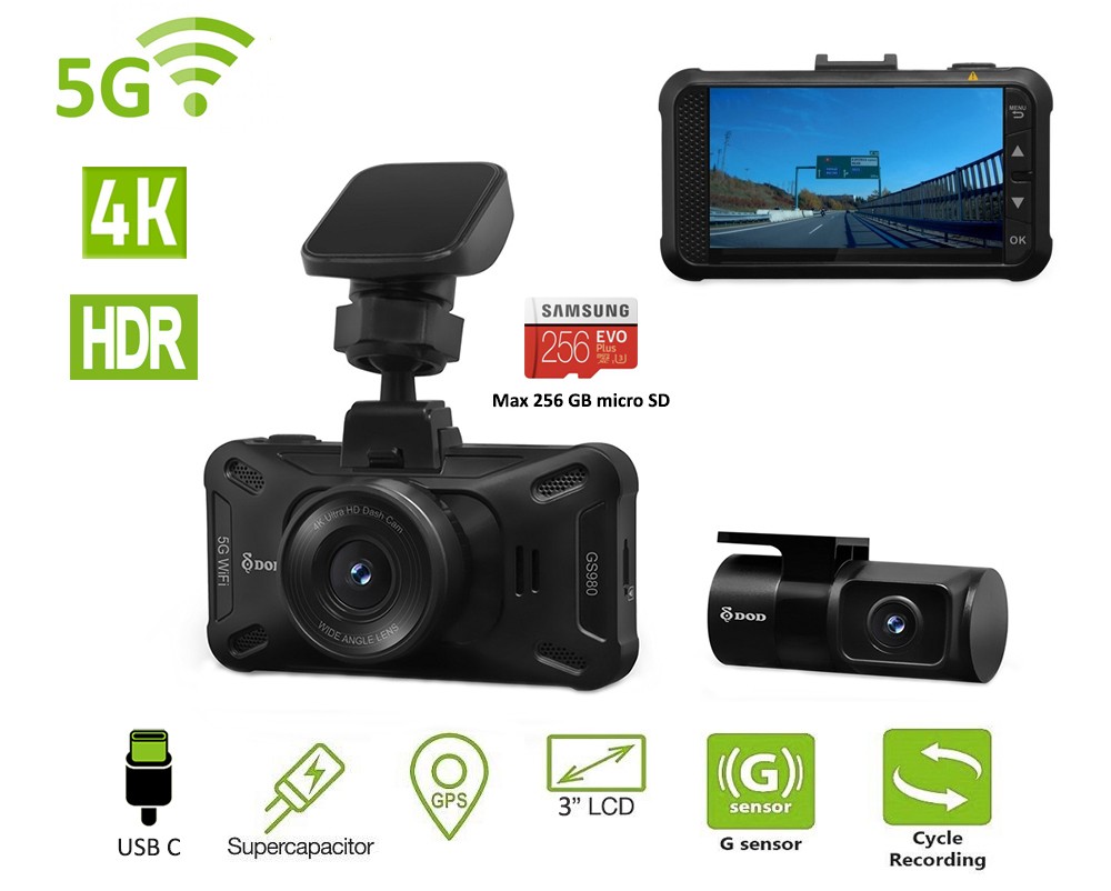 Beste Dashcam DOD GS980D Dual 4K+1K Autokamera mit GPS + 5GHz WiFi + 256GB  Unterstützung