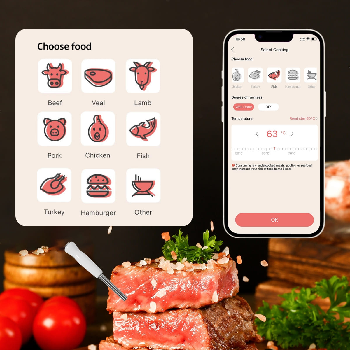 Thermometer zum Grillen von Fleisch – Bluetooth-Unterstützung bis zu 100 m (mobile App)