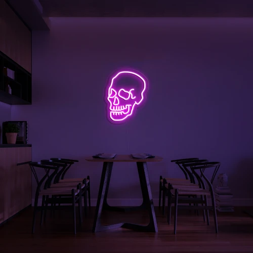 3D leuchtendes Neon-Logo auf einer Totenkopfwand