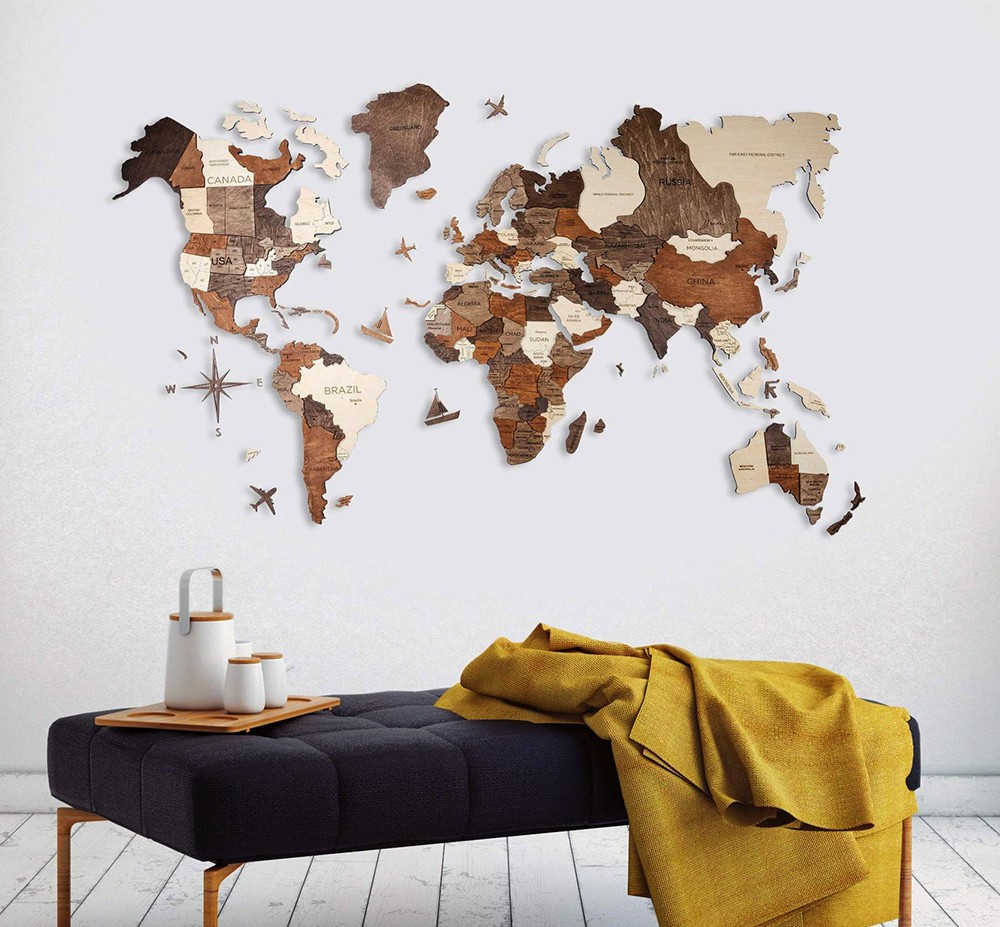 3D hölzerne Weltkarten an der Wand