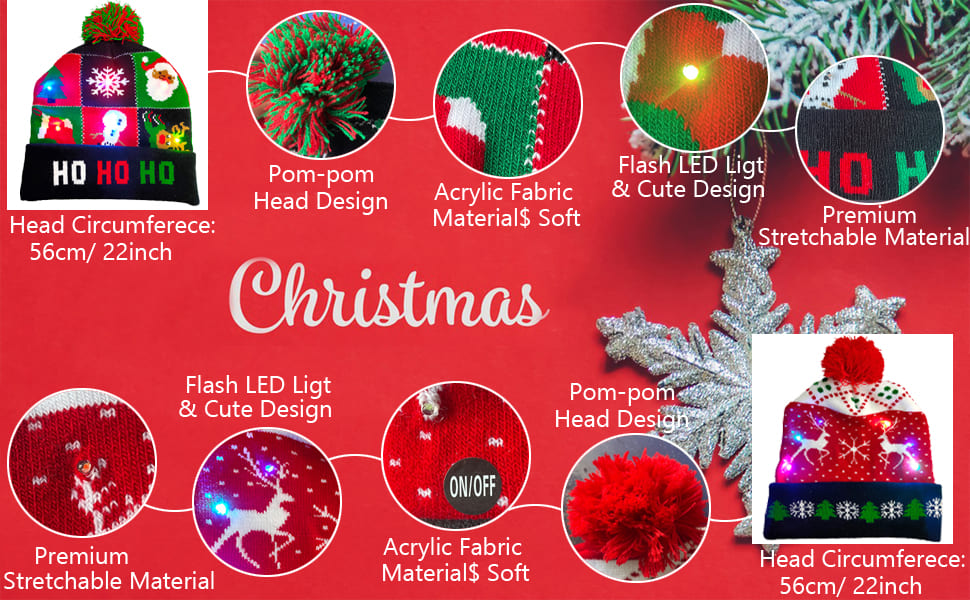 Wintermütze für Weihnachten mit verschiedenen Motiven (Designs) beleuchtet mit LED